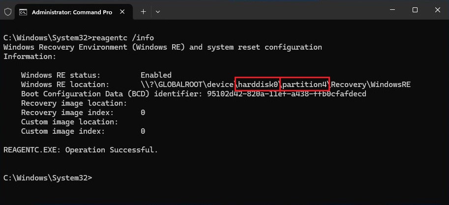 Windows RE status and location