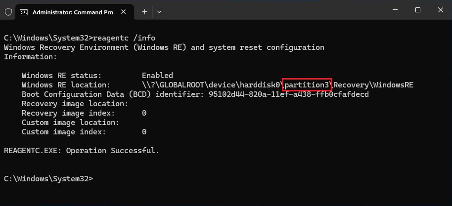 Windows RE status and location